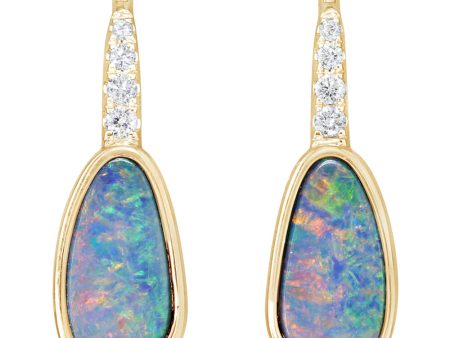 14K Yellow Gold Australian Opal Doublet Diamond Earrings For Cheap